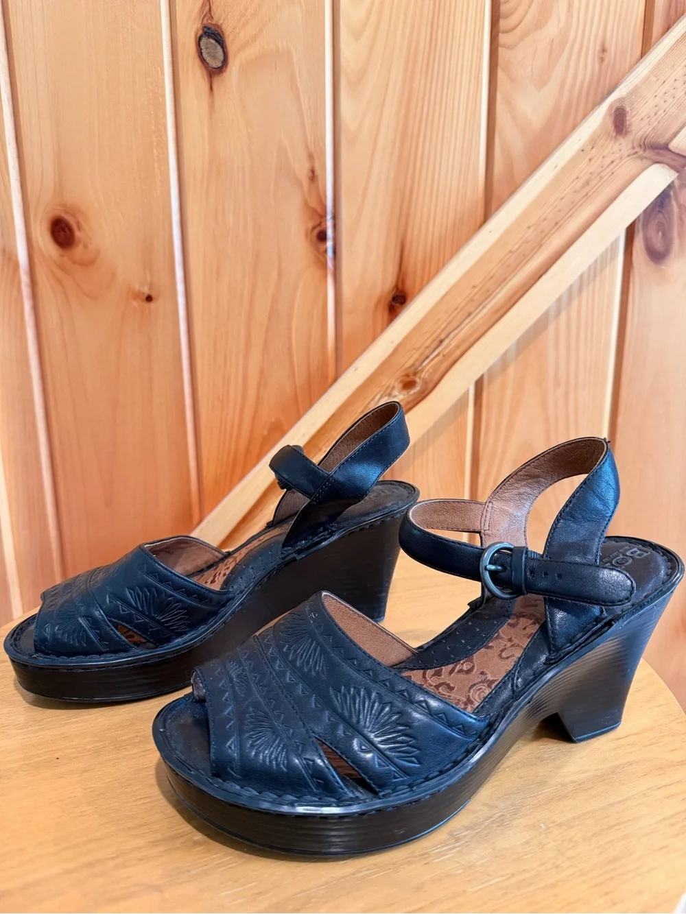 Born Black Embossed Leather Wedge Sandals